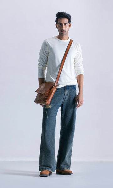 Straight Fit Jeans With Seam Detail - Teal Blue