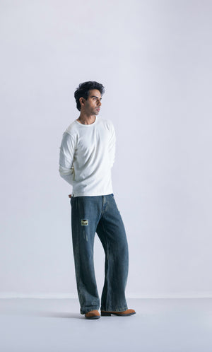 Straight Fit Jeans With Seam Detail - Teal Blue Clout Jeans