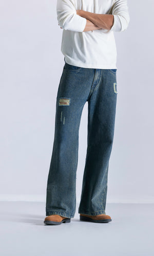 Straight Fit Jeans With Seam Detail - Teal Blue Clout Jeans