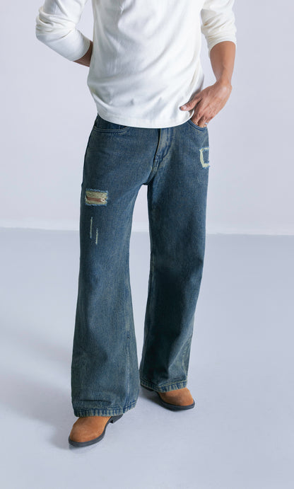 straight fit jeans with seam detail - teal blue
