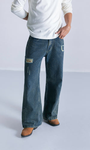 Straight Fit Jeans With Seam Detail - Teal Blue Clout Jeans