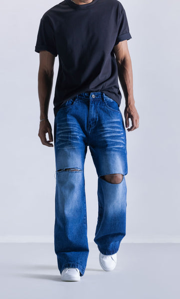 Indigo Ripped Straight Fit Jeans